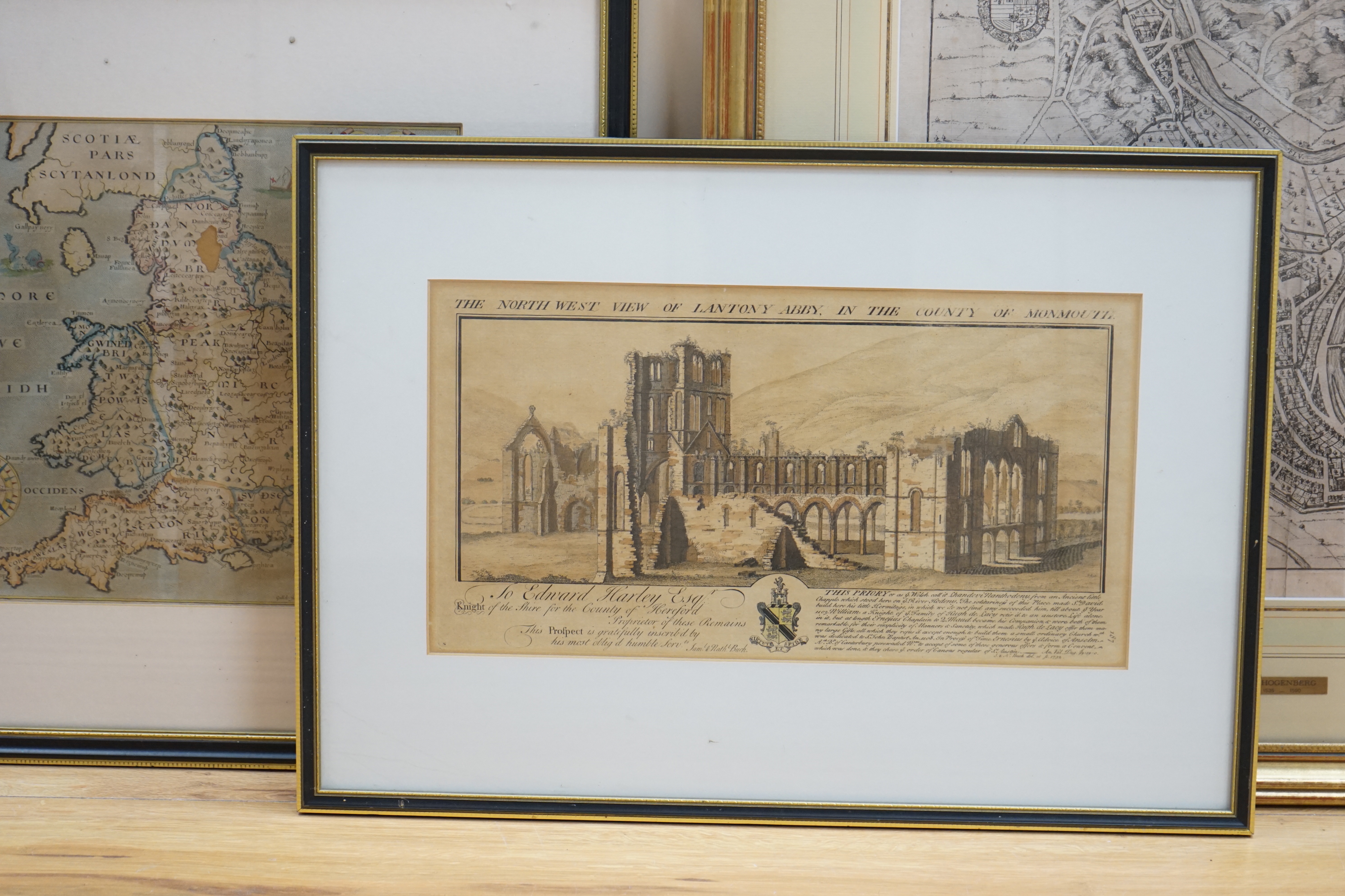 Two antique maps comprising Luxembourg by Georg Braun & Frans Hogenberg and Englalond Anglia Anglosaxonum Heptarchia by William Hole, together with an engraving of Lantony Abbey, Monmouth, Samuel & Nathaniel Buck, larges